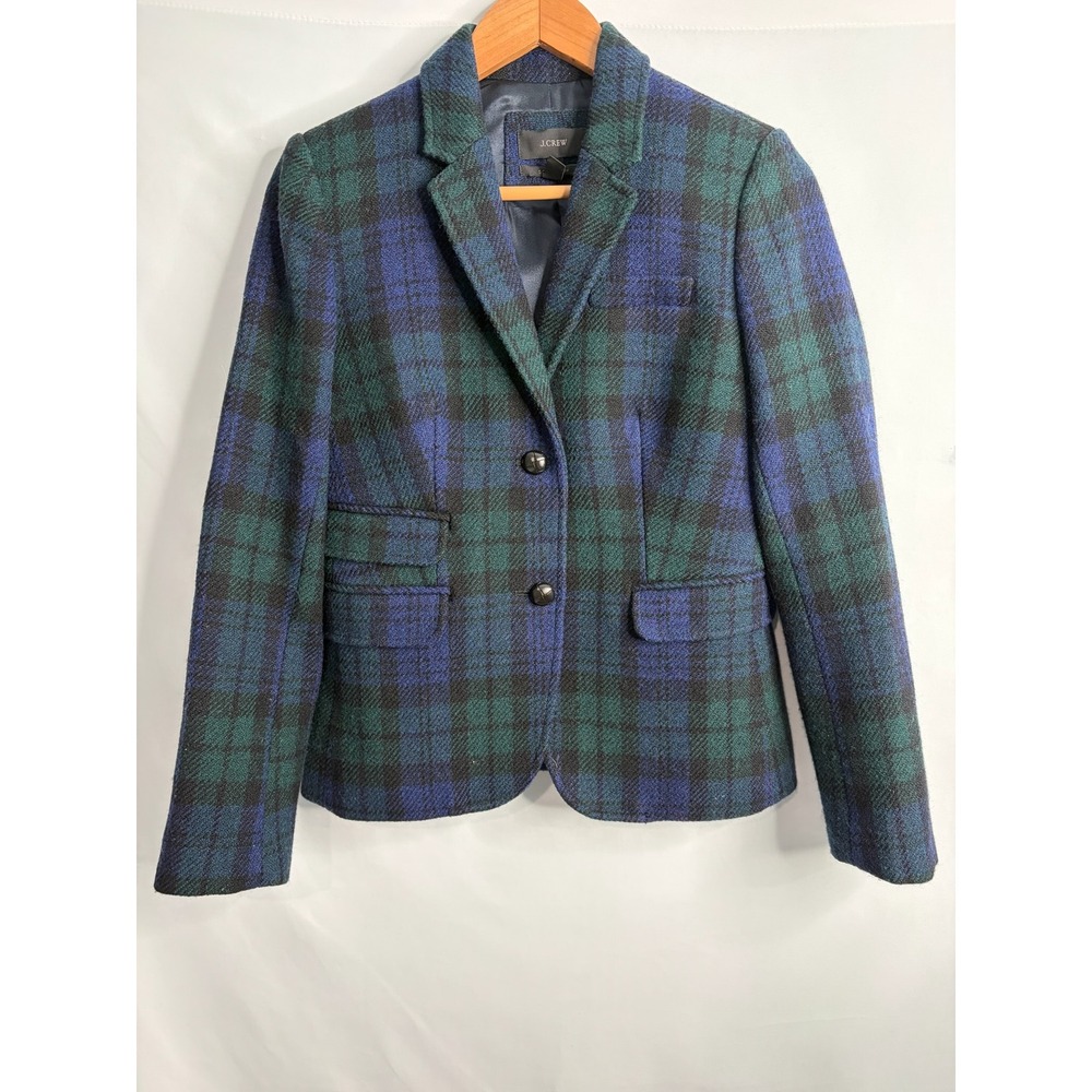 J Crew Schoolboy Blazer 100% Wool Black Watch Plaid Navy Green Jacket 4 Preppy